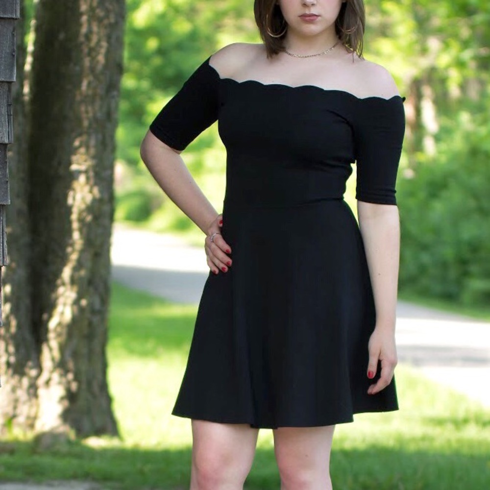 Classy little black dress, off the shoulder, scalloped edge